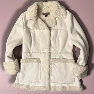 Mudd Women's Vintage Y2K Faux Fur Jacket Size Small White Button Up Coat EUC 90s